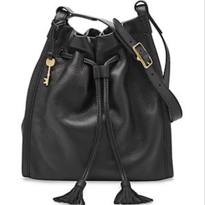 Fossil “Claire” Pebbled Leather Drawstring Fringe Shoulder Bag